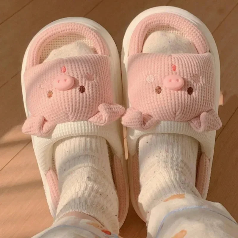 Pantoufles de maison en lin rose pour femmes, 2024 cm, douces, décontractées, mignonnes, motif de cochon, confortables, à la mode, nouvelle collection 3.5