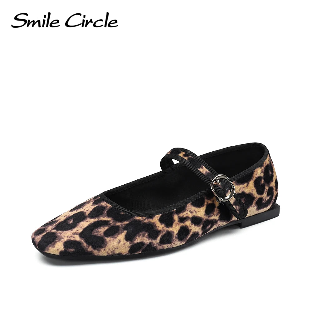 Smile Circle – ballerines en velours Mary Jane pour femmes, chaussures imprimées léopard, confortables, douces, à bout rond, plates pour femmes