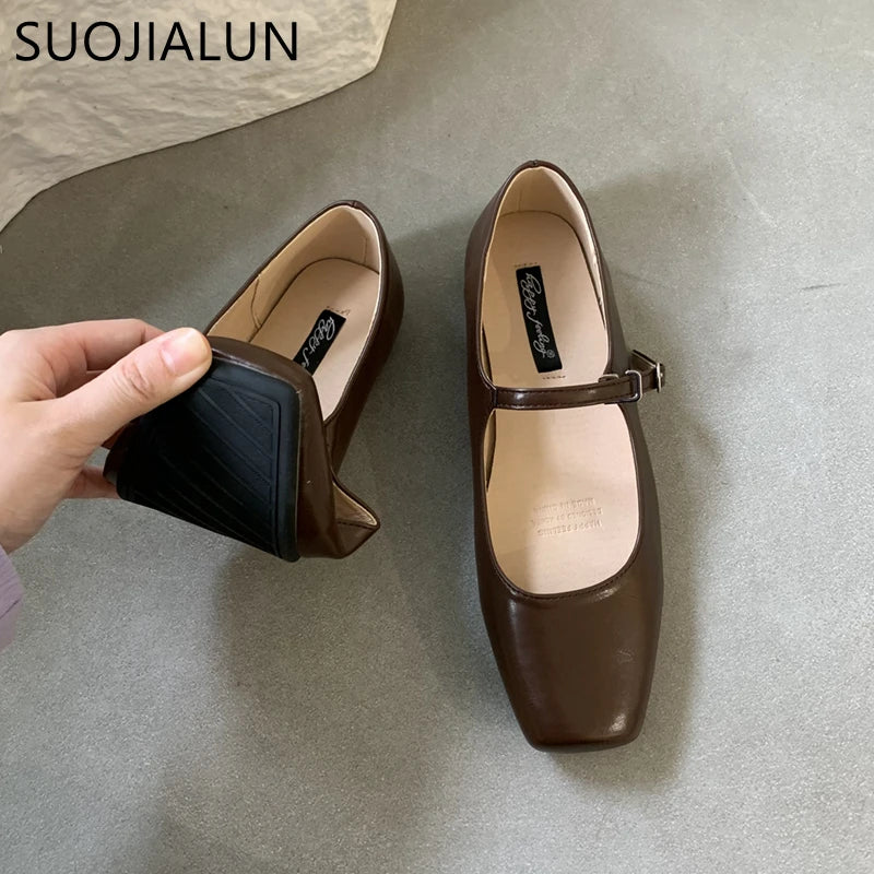 SUOJIALUN 2023 Summer New Brand Women Flats Fashion Square Toe Shallow Mary Jane Shoes Soft Casual Ballet Shoes Slingback Shoes