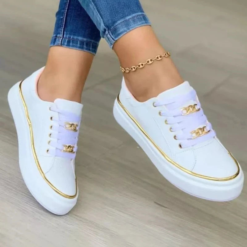 Women's Sneakers 2023 New Fashion Chain Leather Comfortable Round Toe Platform Sneakers Lace-up Walking Women's Vulcanized Shoes