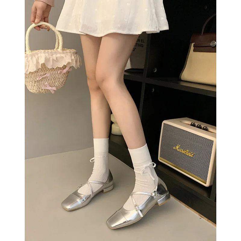 Medium Heeled Mary Jane Single Shoes 2024 New Women Shoes Retro Thick Heeled Ballet Shoes Cross Buckle Shallow Soft Sole Shoes