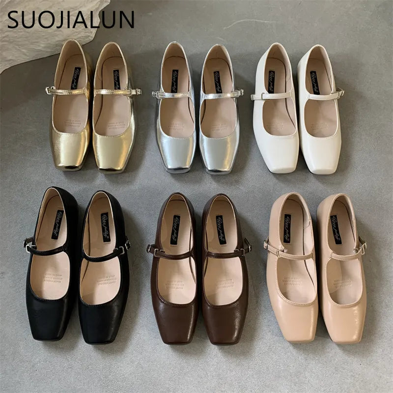 SUOJIALUN – chaussures plates à bout carré pour femmes, nouvelle marque d'été, chaussures Mary Jane peu profondes, souples et décontractées, chaussures de Ballet à Slingback, 2023