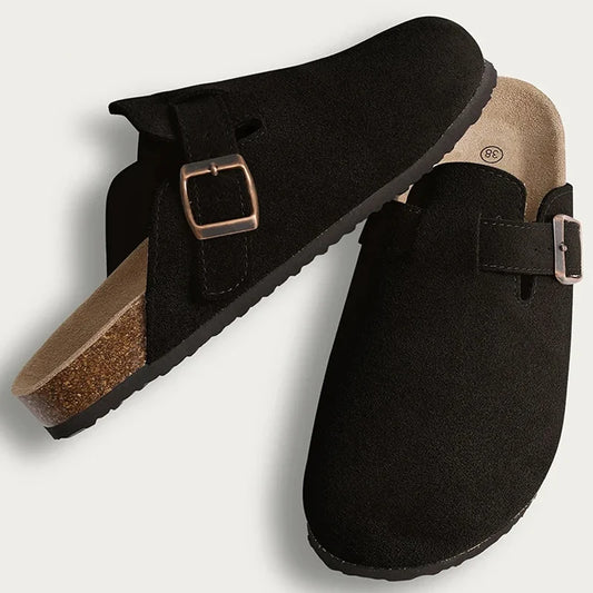 Comwarm Zuecos con plantilla de corcho para mujeres y hombres, mulas de cuero de moda, zapatos cómodos para patatas con soporte para arco, chanclas planas para interiores y exteriores