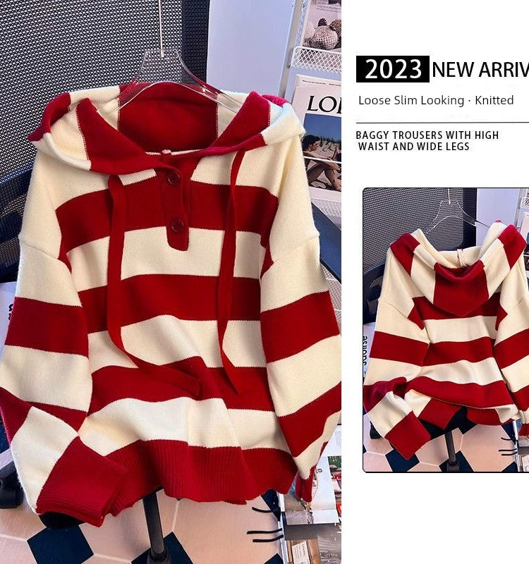 Plus Size Ladies plus Size 150.00kg Idle Style Striped Hooded Sweater Female Loose Soft Glutinous Thickened Sweater Autumn Winter Sweater