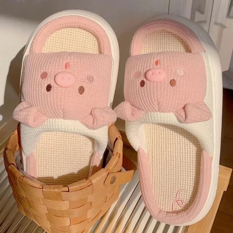 Pantoufles de maison en lin rose pour femmes, 2024 cm, douces, décontractées, mignonnes, motif de cochon, confortables, à la mode, nouvelle collection 3.5