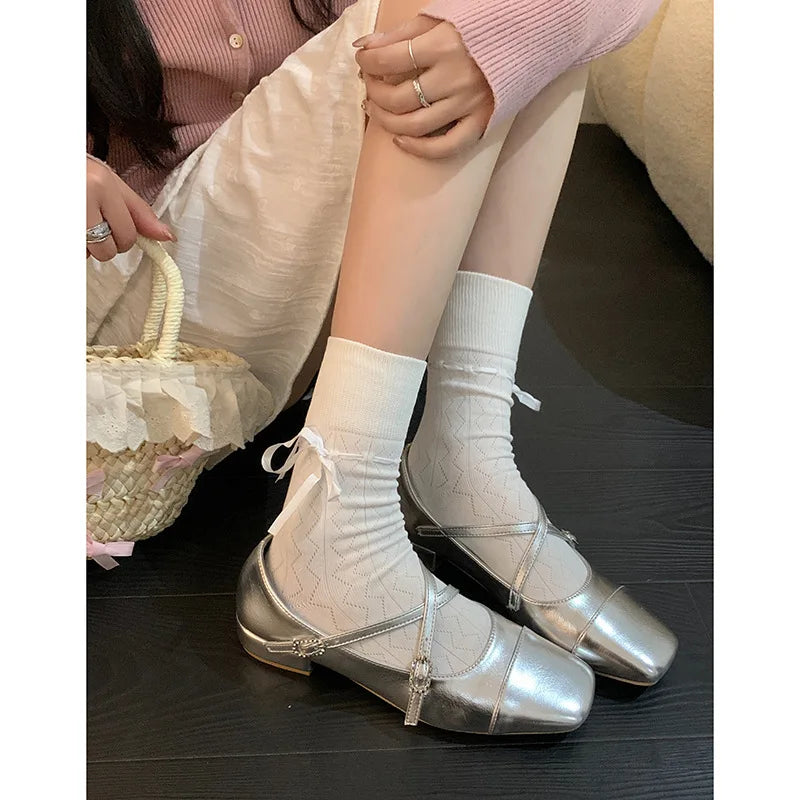 Medium Heeled Mary Jane Single Shoes 2024 New Women Shoes Retro Thick Heeled Ballet Shoes Cross Buckle Shallow Soft Sole Shoes