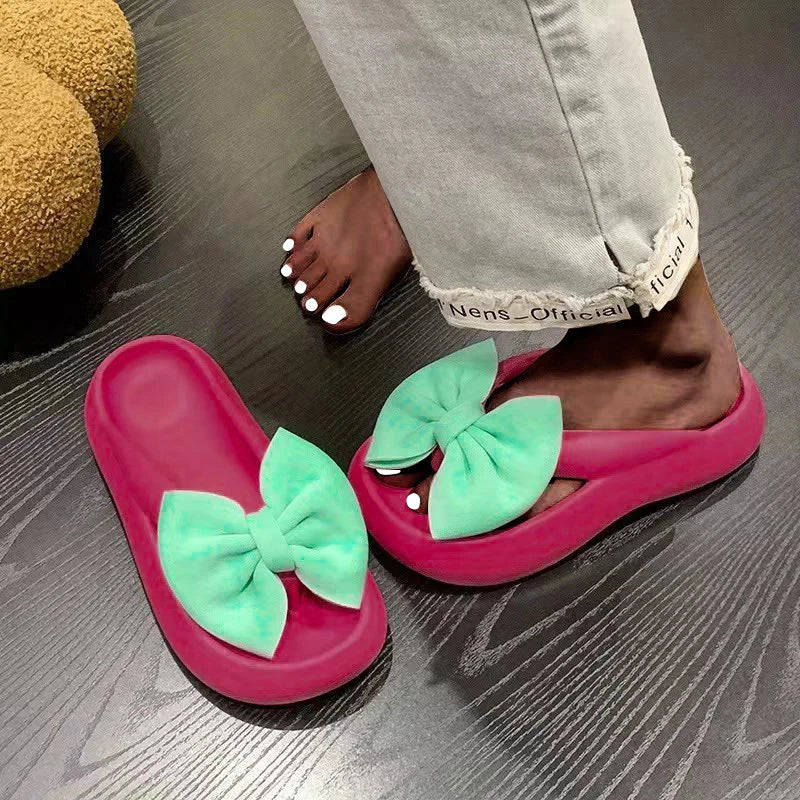 Tongs à oreiller à nœud pour femmes, chaussures à bout ouvert Super douces et antidérapantes Kawaii, pantoufles d'intérieur et d'extérieur