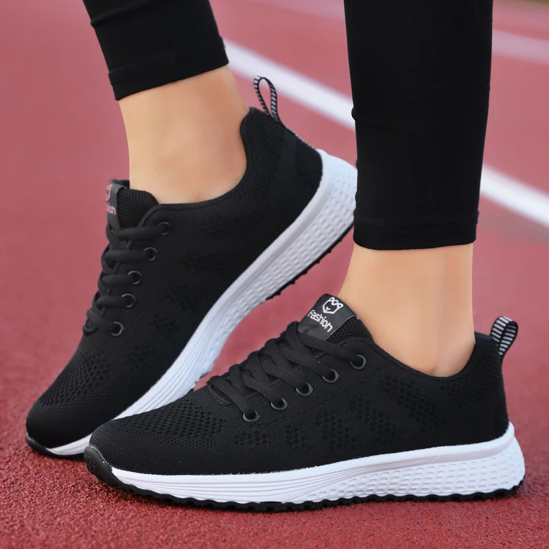 Zapatos casuales de mujer, zapatos planos transpirables de malla con cordones para caminar, zapatillas de deporte para mujer, Tenis femeninos, rosa, negro y blanco