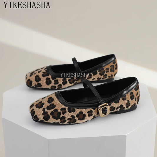 Zapatos planos de moda para mujer, zapatos con estampado de leopardo y punta redonda, zapatos planos informales transpirables sin cordones para exteriores, zapatos Mary Jane para mujer SYDanne