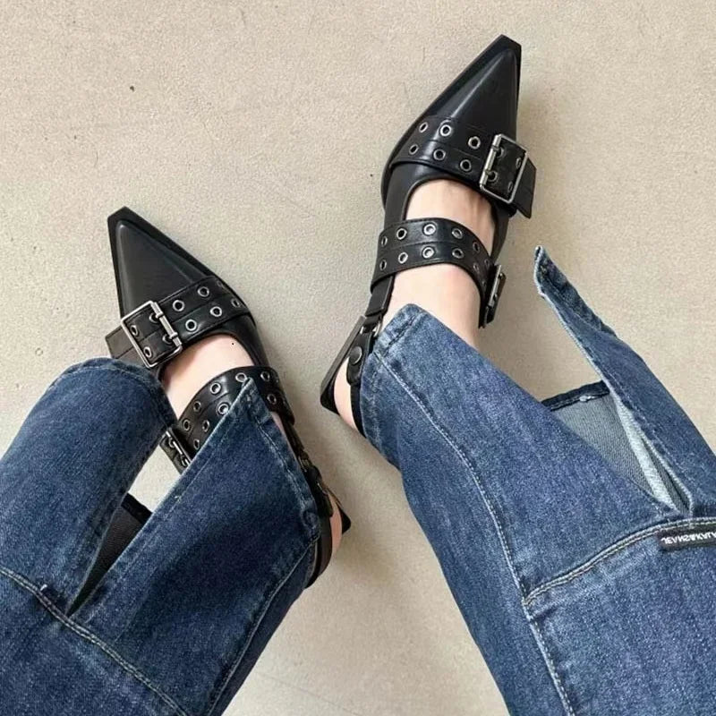 Zapatos sin talón, tacones gruesos góticos, zapatos de tacón para mujer con remaches, estilo callejero, sandalias informales Vintage Punk de tacón medio para primavera y verano 2024