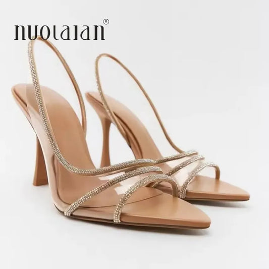 Moda mujer bombas sandalias verano sexy Slingback tacones altos diamantes de imitación elegante punta estrecha transparente PVC fiesta boda zapatos