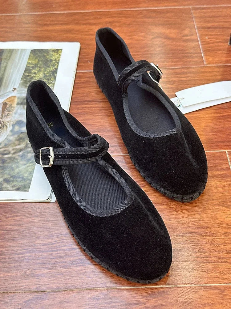 Elegant Mary Janes Flats Shoes Women Black Buckle Strap Shallow Casual Ballet Shoes Ladies Spring Autumn Canvas Loafers 2023