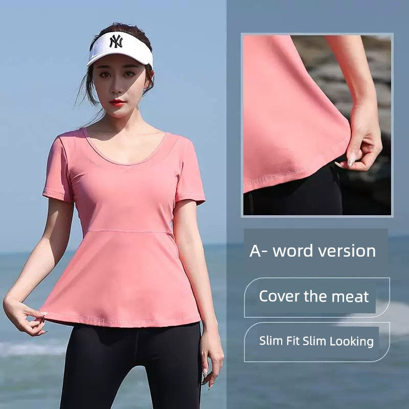 Plus Size Thin Exercise Workout Clothes 100.00kg Yoga Clothes T-shirt Women's Summer Chubby Girl Running Suit Quick-Drying Loose Tops