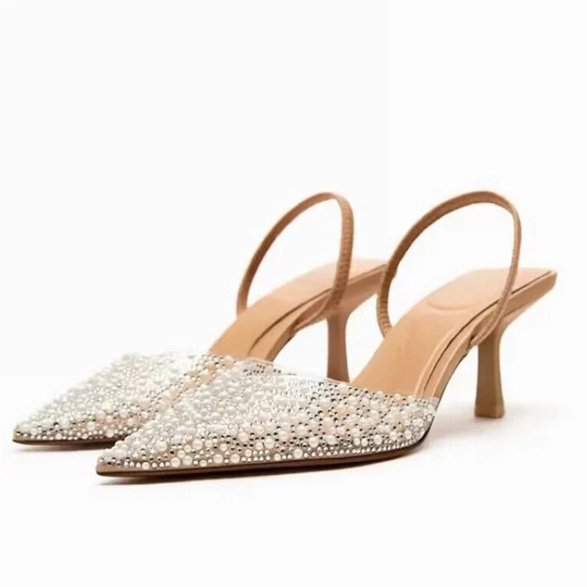 Sandalias de tacón alto con punta estrecha para mujer, zapatos sexys para mujer, decoración de perlas a la moda, zapatos de tacón con talón descubierto para fiesta y boda 2023