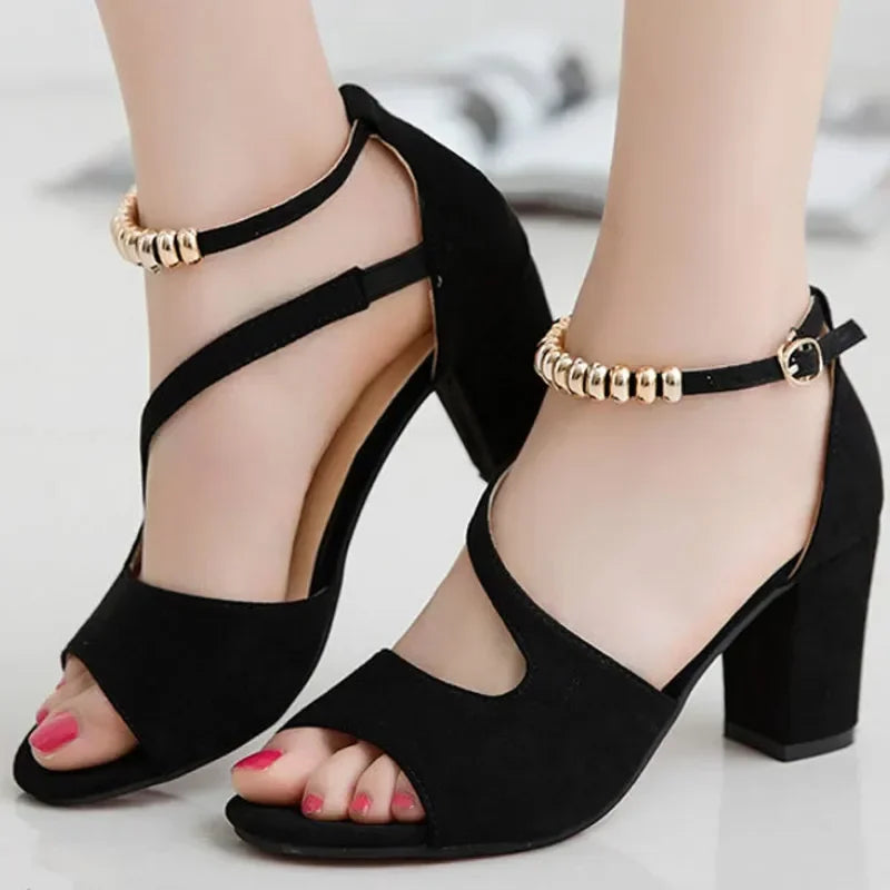 2024 Spring Summer Sexy Fish Mouth Hollow Roman Sandals Thick With Word With Beaded High Heels Female Summer Sexy Female Sandals