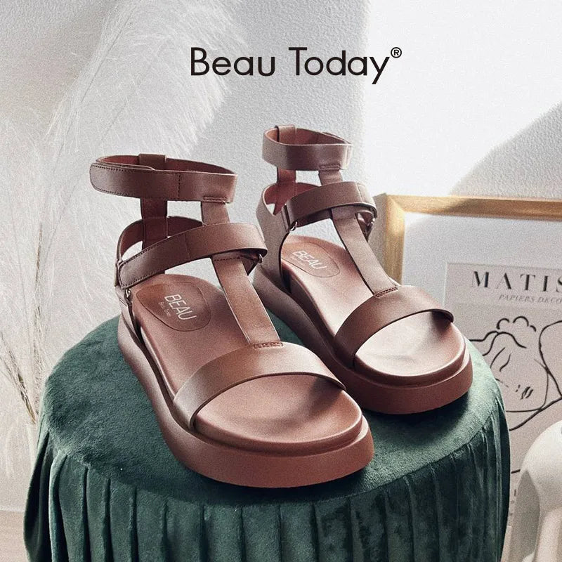 BeauToday, sandalias de gladiador de verano para mujer, piel de becerro, punta abierta, correa en T, gancho y bucle, zapatos de verano para mujer hechos a mano 07130