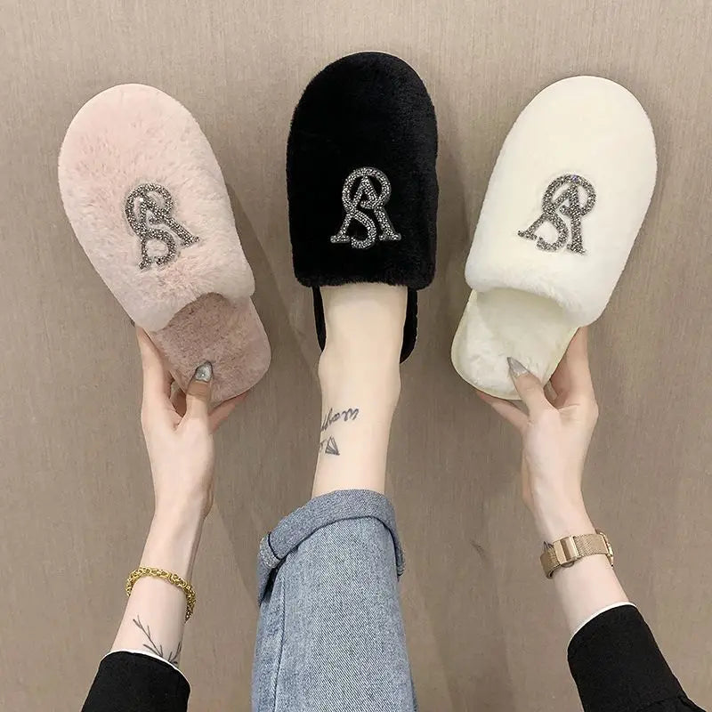 Hairy Cotton Slippers Women Autumn Winter New Warm Footwear Home Bright Diamond Slippers Fashion Outer Wear Women's Light Shoes