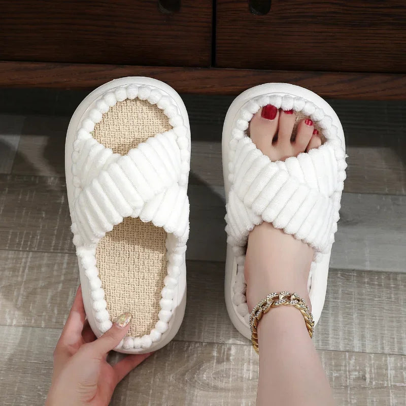 2024 Autumn Winter New Women Home Slippers Open-Toe Cross Band Linen Soled Indoor Slides Linen Soled Non-Slip Bathroom Slippers