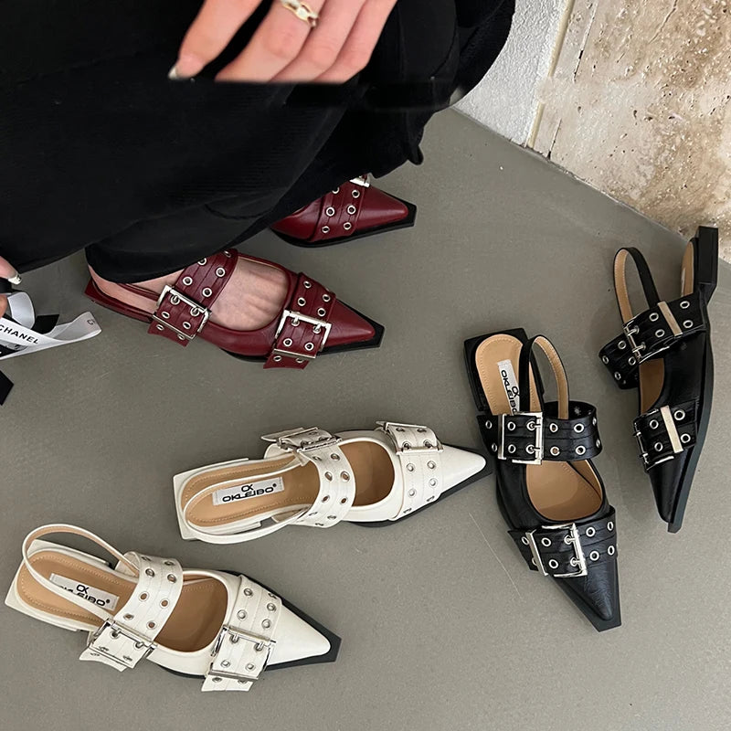 Mary Janes 2024 Women Flats Shoes Slingback Fashion Pointed Toe Ladies Lolita Shoes Mules Buckle Outdoor Female Luxury Sandals