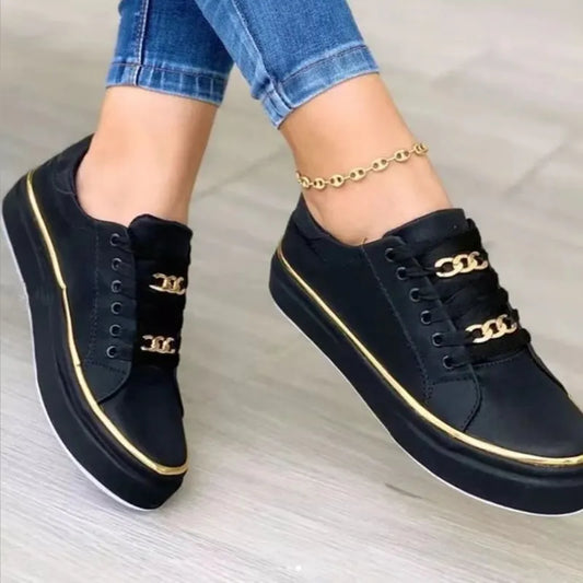 Women's Sneakers 2023 New Fashion Chain Leather Comfortable Round Toe Platform Sneakers Lace-up Walking Women's Vulcanized Shoes