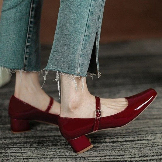 Nuevos zapatos Mary Jane rojos y negros para mujer, zapatos de vestir de tacón bajo de cuero de alta calidad, zapatos de mujer con punta cuadrada y hebilla poco profunda