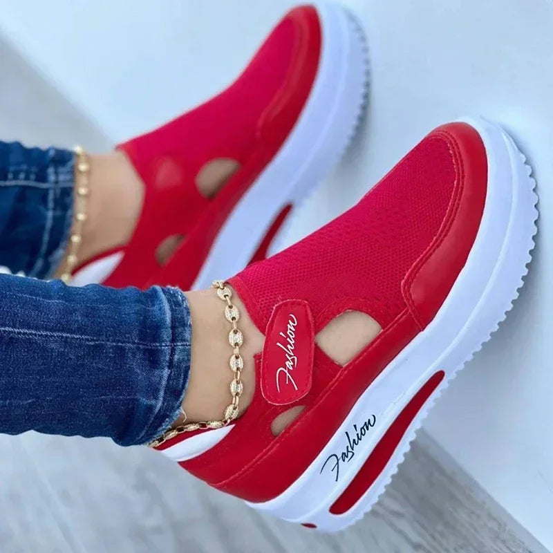 Zapatillas de deporte de marca de diseñador para mujer, zapatos informales de lona de tenis de alta calidad, con plataforma calada, color rojo y azul