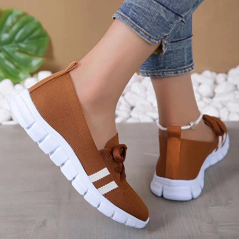 Mesh Knitted Striped Flats Shoes for Women 2024 Summer Lace Up Casual Sneakers Woman Breathable Soft Sole Loafers Plus Size 43