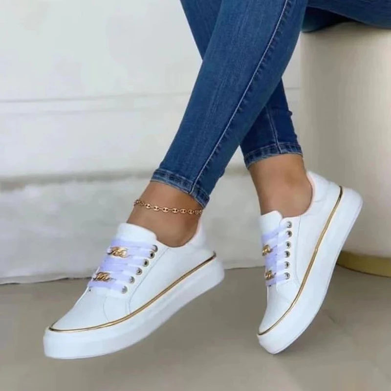 Women's Sneakers 2023 New Fashion Chain Leather Comfortable Round Toe Platform Sneakers Lace-up Walking Women's Vulcanized Shoes