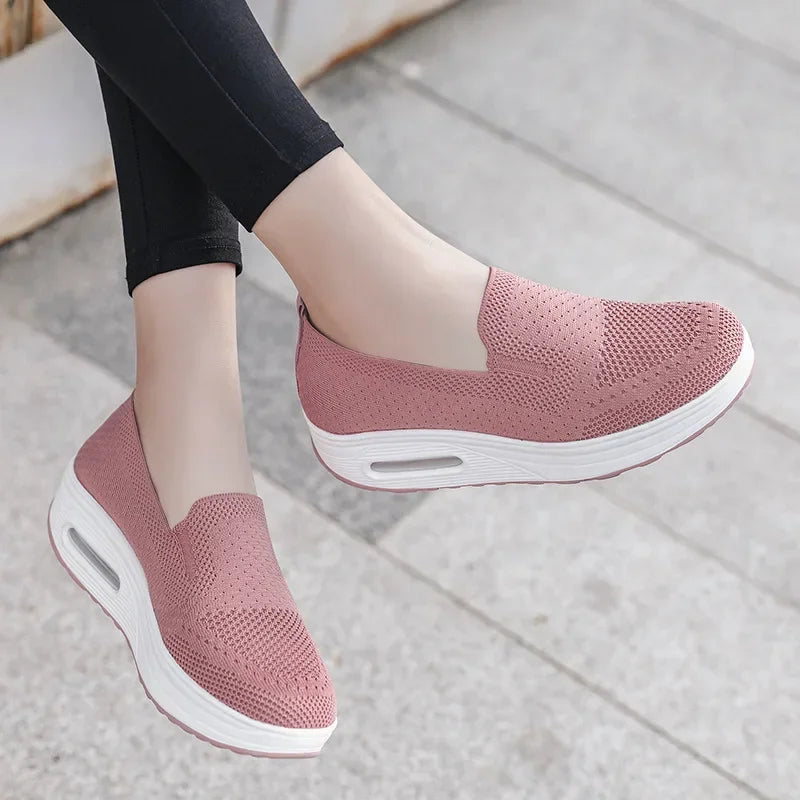 Women Walking Tennis Female Flat Shoes Slip-On Light Air Cushion Mesh Up Stretch Sneakers Running Casual Breathable Sports Shoes