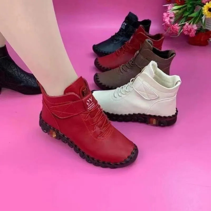 Botas gruesas de piel para Mujer, Botas cortas de cuero, zapatos ortopédicos peludos para Mujer, Botas de nieve impermeables para invierno, 2022