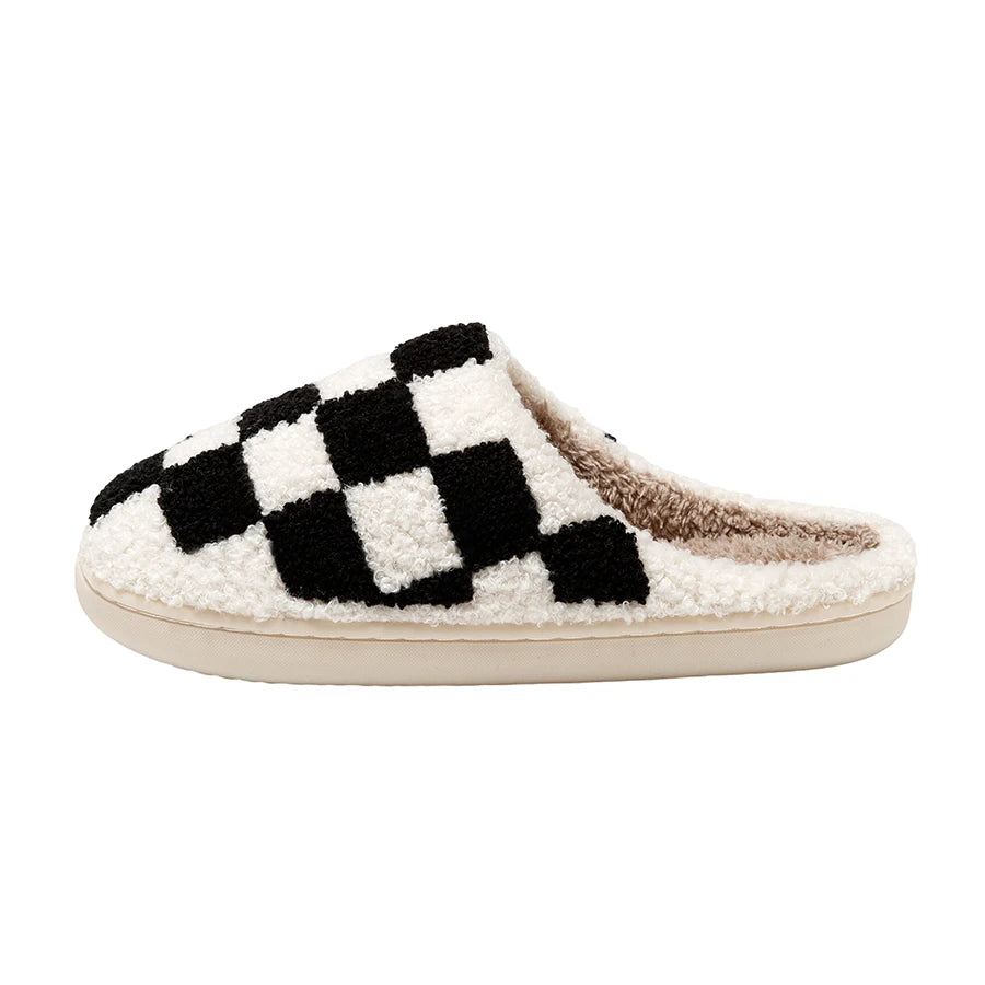 New Fuzzy Slippers Fashion Checker Indoor Embroidery Houseshoes Cozy Woman Winter Fluffy House Retro Checkered Print Shoes