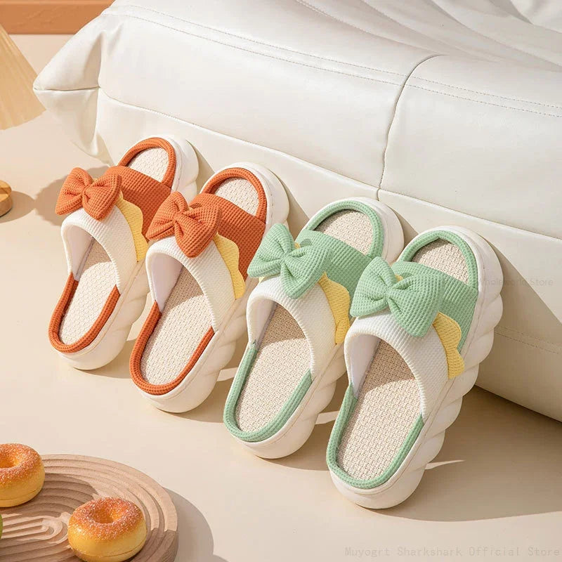 Linen Slippers Women Indoor Slippers Comzy Anti-Slip House Cotton Shoes  Cute Bowknot Flat Slipper Couples Slides Spring Summer