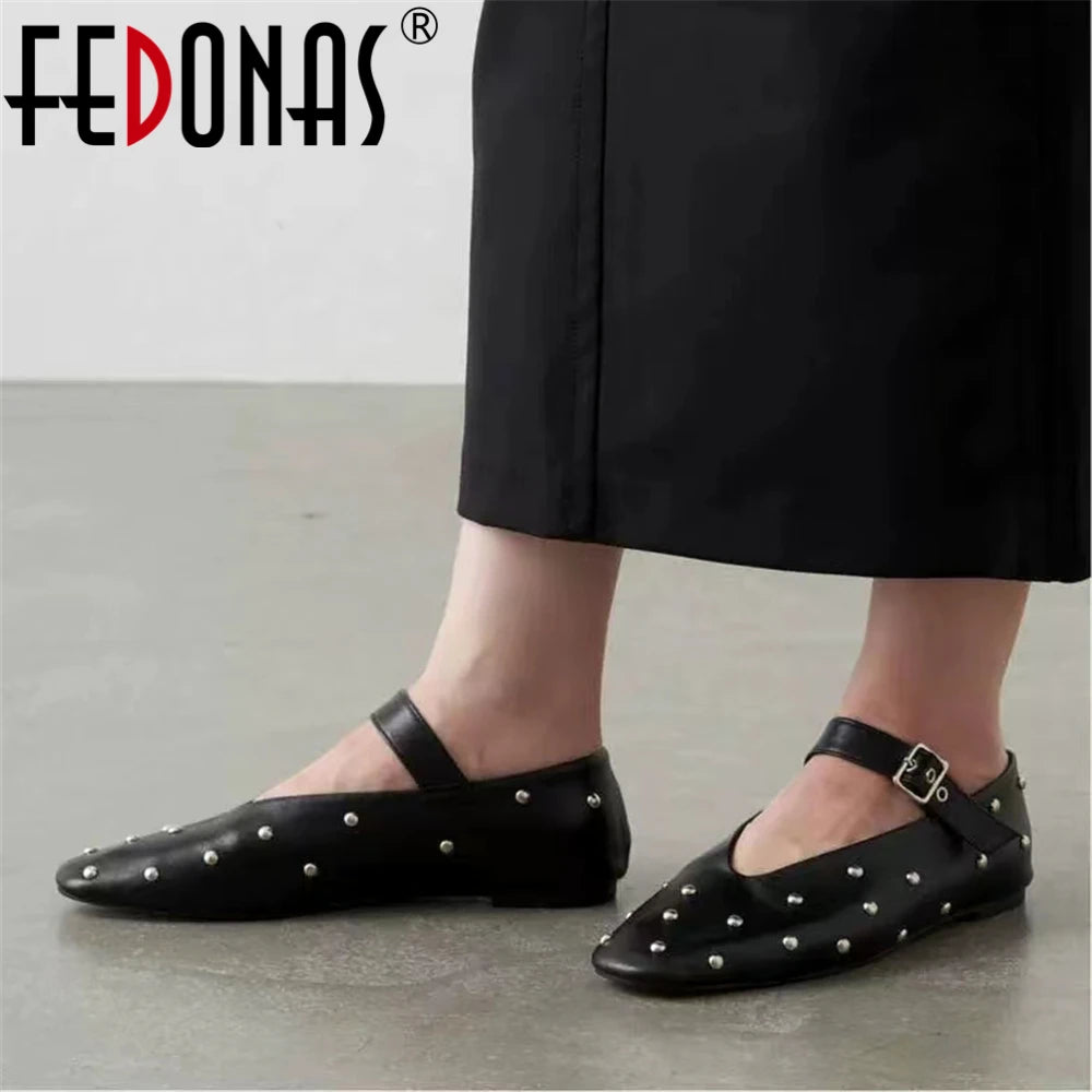 FEDONAS 2024 nouveaux Rivets femmes chaussures plates en cuir véritable boucles printemps été mode chaussures en cuir souple Mary Jane chaussures plates femme