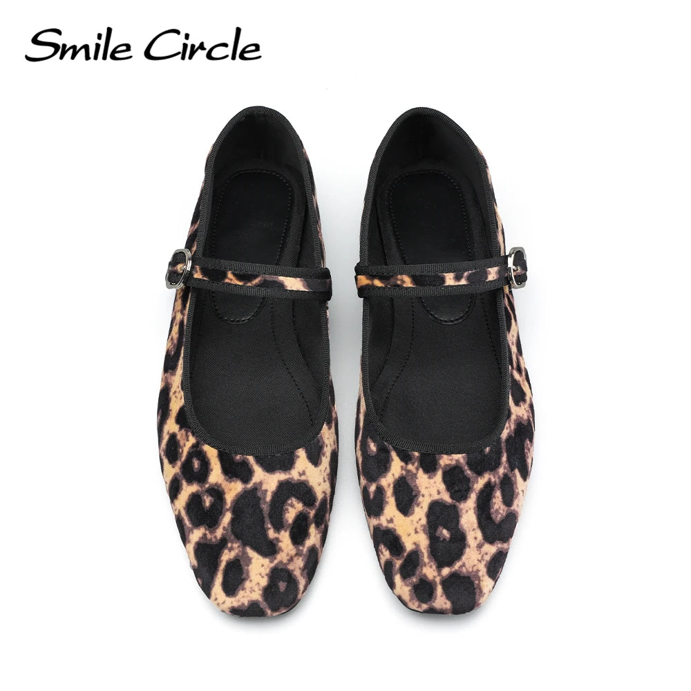 Smile Circle – ballerines en velours Mary Jane pour femmes, chaussures imprimées léopard, confortables, douces, à bout rond, plates pour femmes