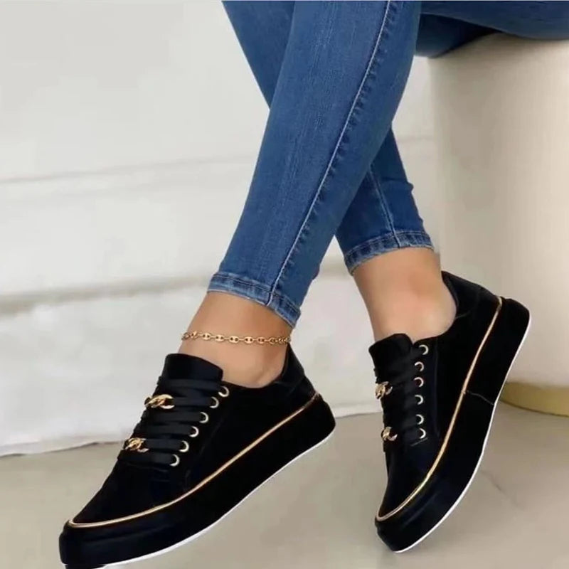 Women's Sneakers 2023 New Fashion Chain Leather Comfortable Round Toe Platform Sneakers Lace-up Walking Women's Vulcanized Shoes