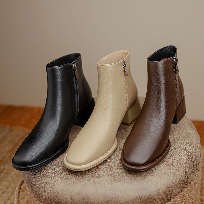 Botas sencillas de piel vacuno suave que combinan con todo, botines de mujer marrones con punta redonda y tacón medio grueso, otoño e invierno