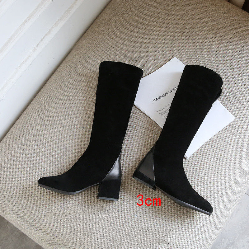 Women's New Leather Scrub Thick Heel High Boots