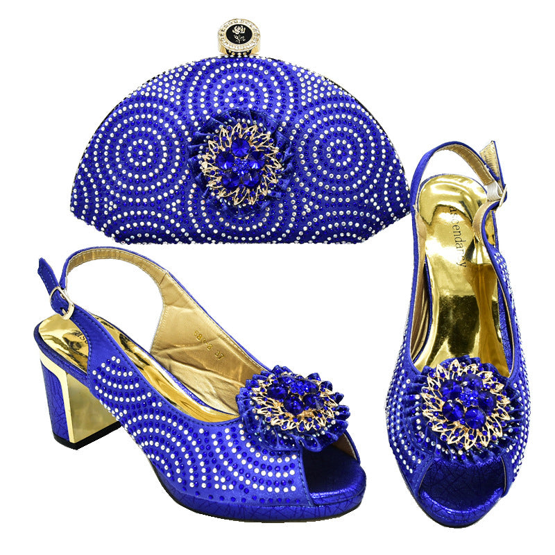 Block Heel Buckle Sandals With Rhinestone Bag