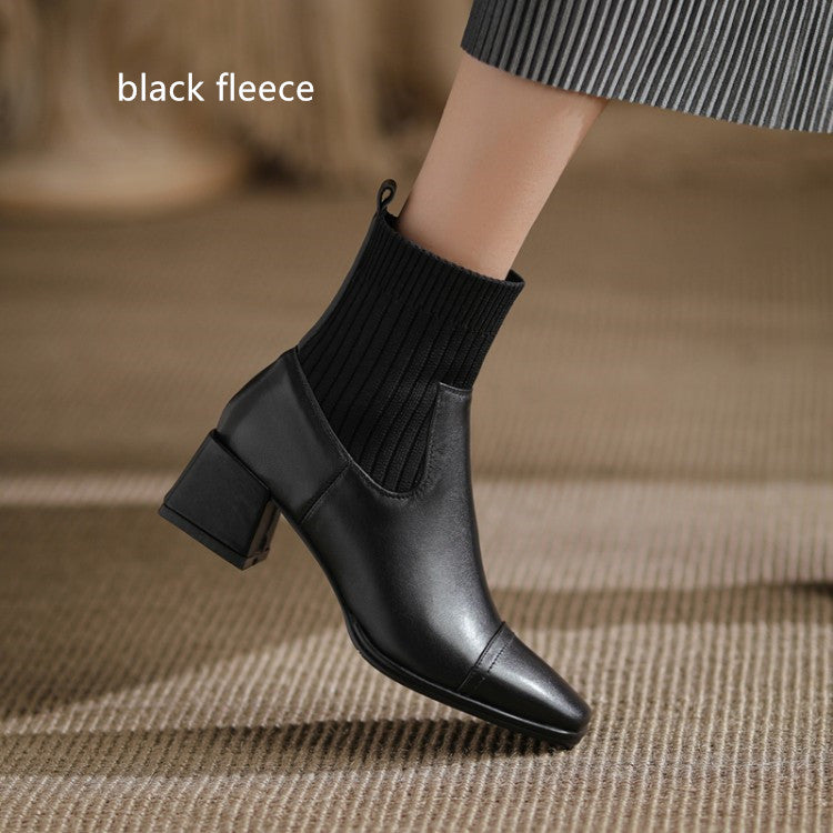 Leather Square Toe Mid-heel Short Boots Autumn And Winter New Chunky Heel