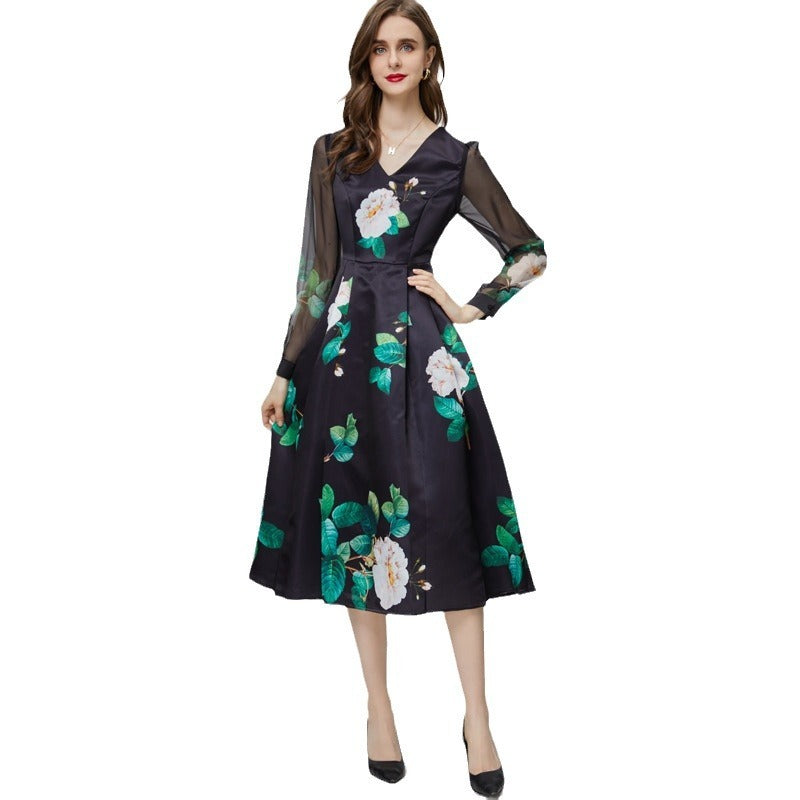 Fashion V-neck Green Printed Long Sleeve Black Mid-length Dress