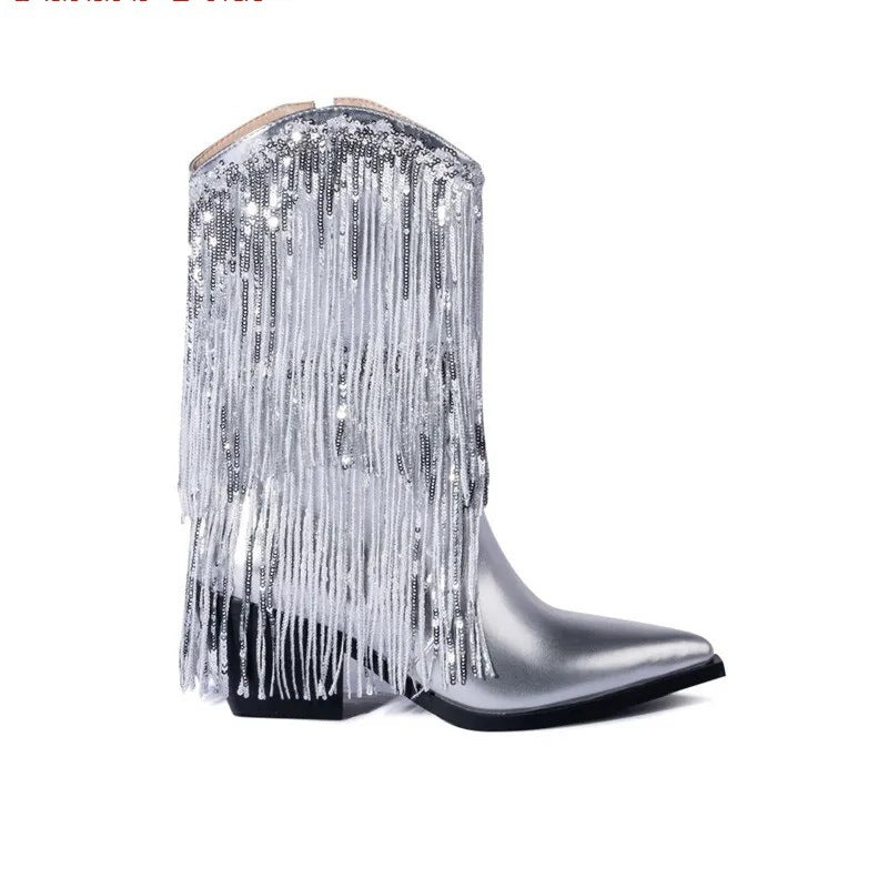 Cross-border Independent Station Fashion Runway Chunky Heel Tassel Boots Women's Shoes