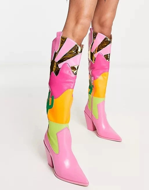 Ins Fashion Runway Bottes en mosaïque multicolores à talons épais