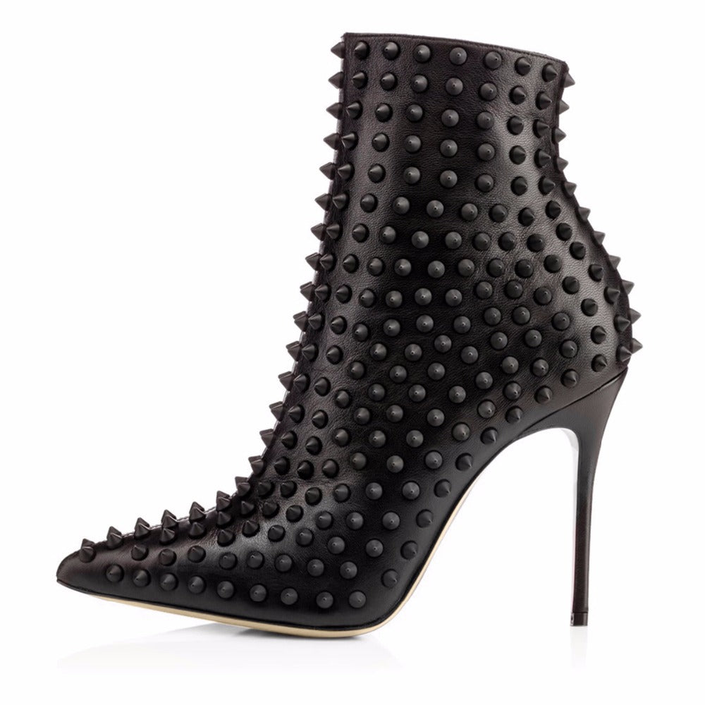 Ladies Black Full-body Rivet Pointed Toe Stiletto Ankle Boots