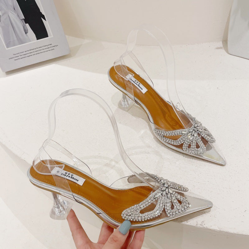 Pointed Toe Toe Cap Transparent Rhinestone Bow Crystal Women's Shoes