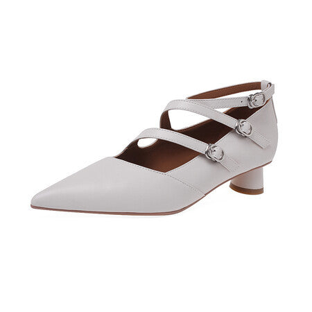 Full Leather Inside And Outside Thick Heel Pointed Buckle Leather Shoes