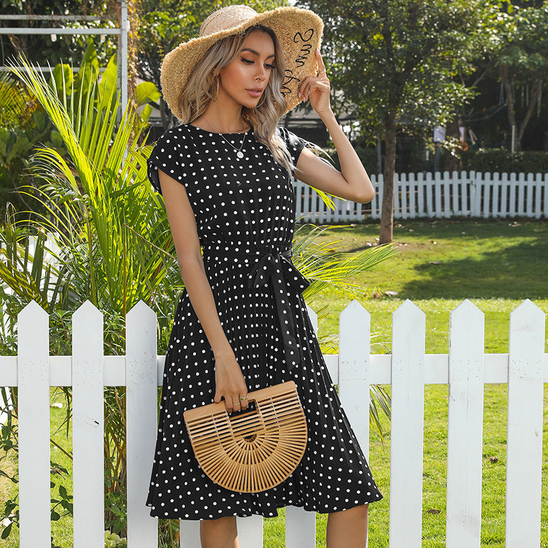 Robe mi-longue plissée à pois pour femmes, tenue de soirée décontractée, à manches courtes, à bandes, élégante, verte, vêtements de bureau, été