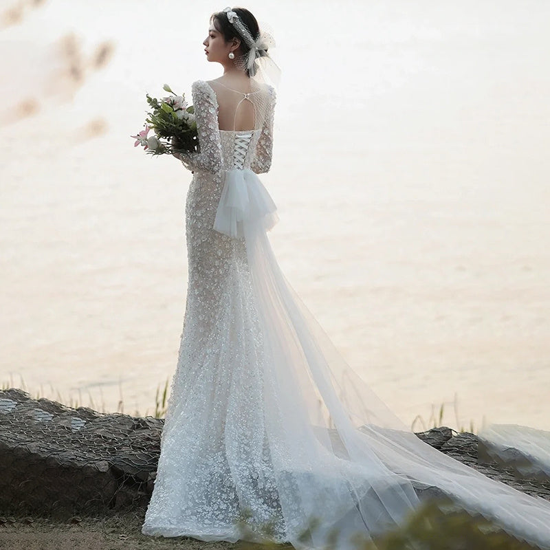 Robe de mariée légère à queue de poisson de style français Tempérament de la mariée