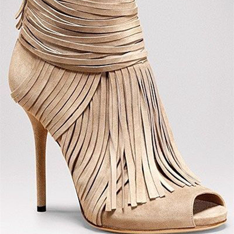 Korean Version Of Spring And Autumn Fish Mouth Beige Suede Fringed Back Zipper Stiletto Heels