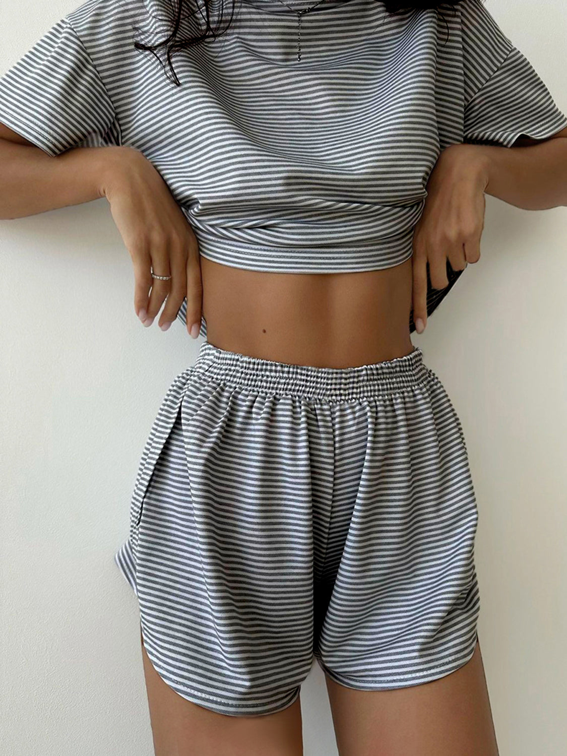 Striped Round Neck Top and Shorts Set