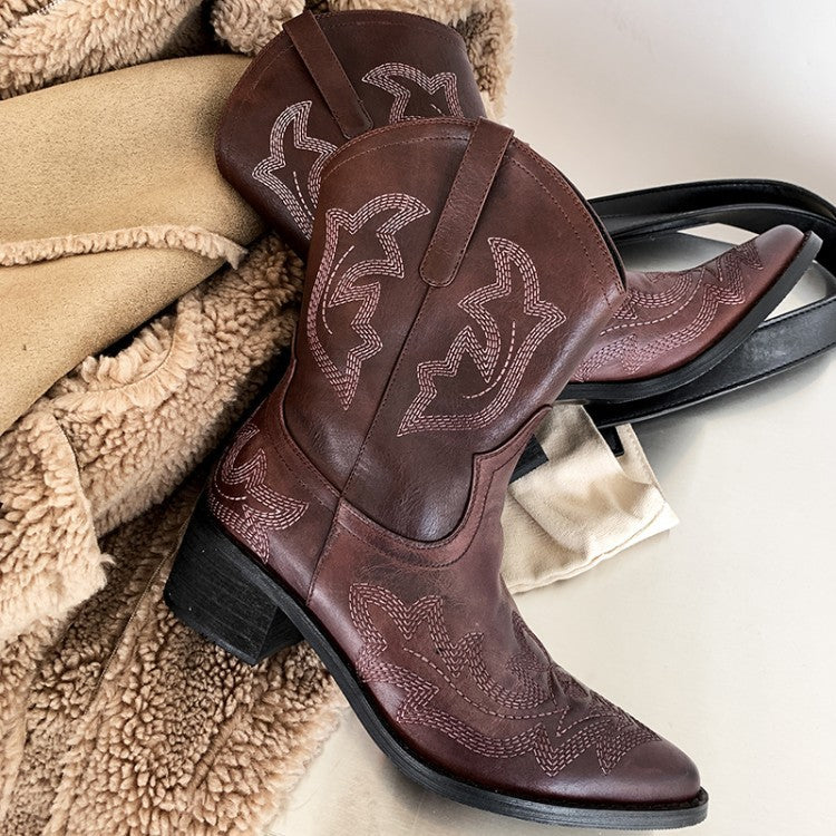 Cowhide Women's Embroidered Short Martin Boots